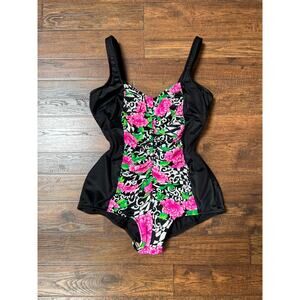 Vintage One Piece Swimsuit Black with Pink Florals Ruched Front Medium Catalina
